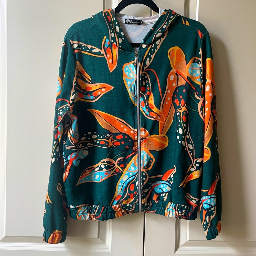 Fun funky style “farm rio type print” zip up begonia hoodie